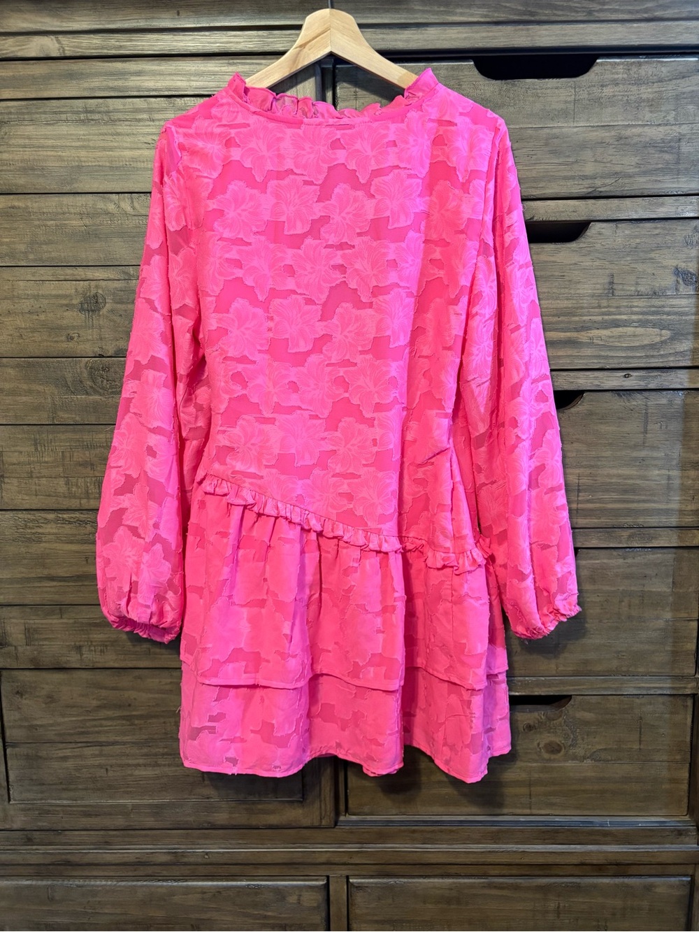 ASOS DESIGN Hot Pink Floral Jacquard Wrap Mini Dress Ruffle Tie Waist NWT - Picture 3 of 6